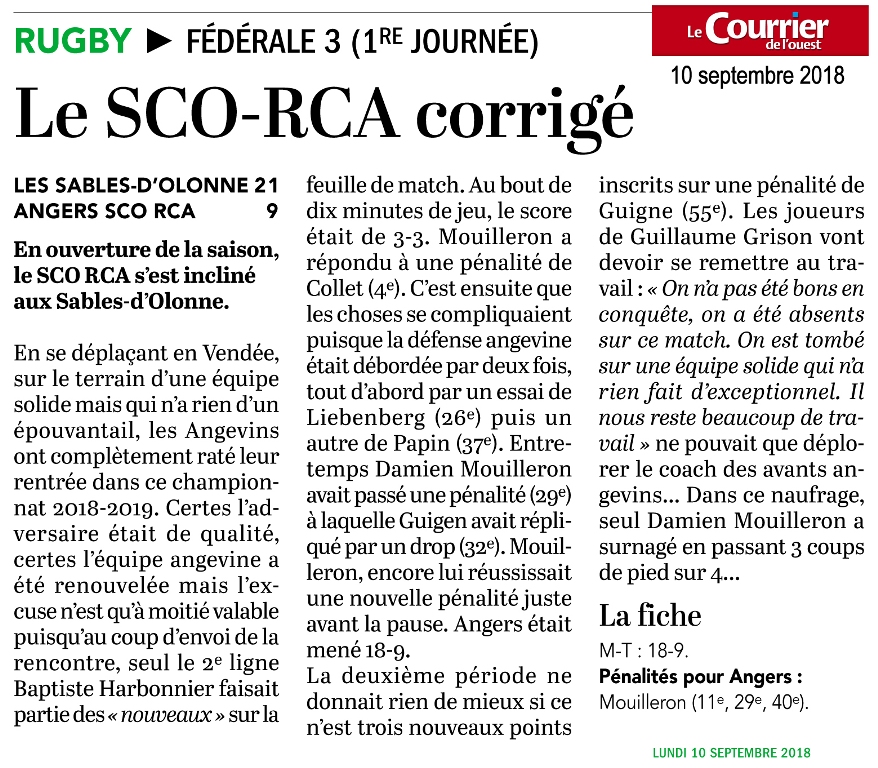 Article Courrier Ouest RC SABLAIS SCO RCA 10 09 18
