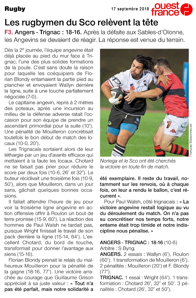 Article Ouest France SCO RCA RC Trignac 16 09 18