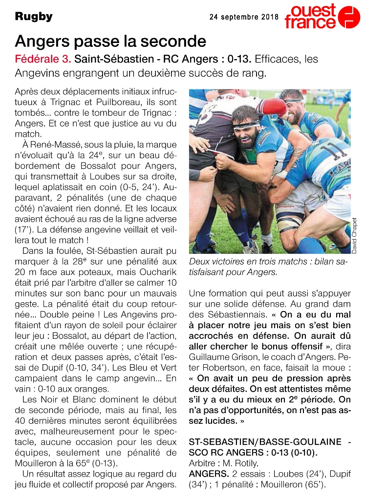Article Ouest France RC St SEBASTIEN SCO RCA 23 09 18