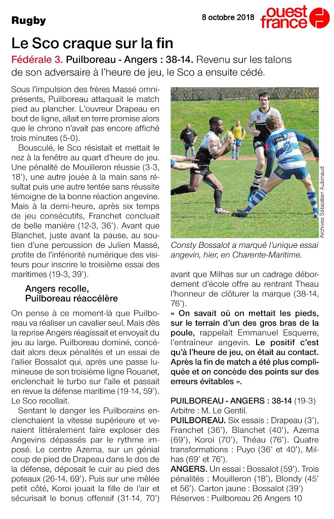 Article Ouest France RC PUILBOREAU SCO RCA 07 10 18